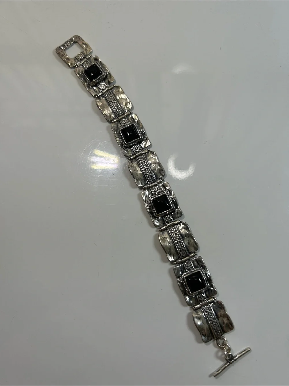 NWT Passage To Israel Hammered Panel Link Genuine Black Onyx Gemstone Bracelet